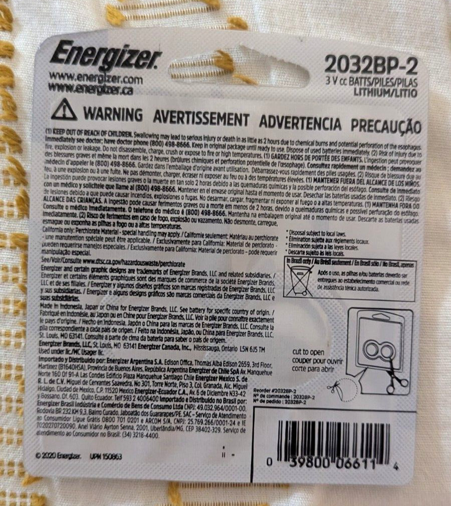 Energizer 2032BP2 CR2032 3 volts Lithium 235 mAh 2pk NEW