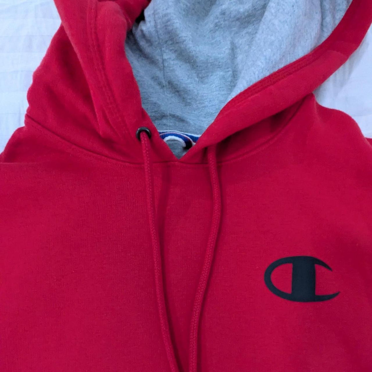 Red champion hoodie with black