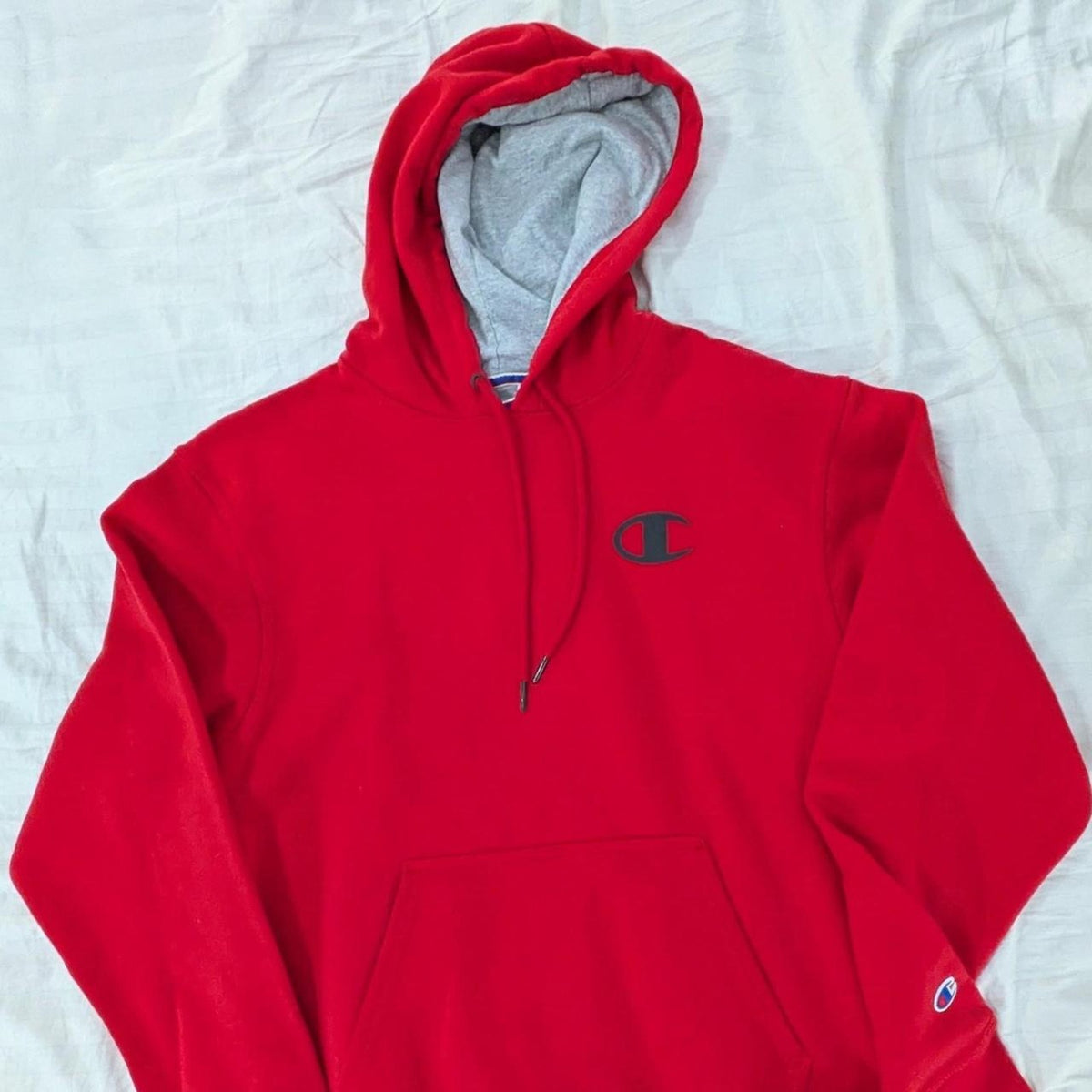 Red champion hoodie with black