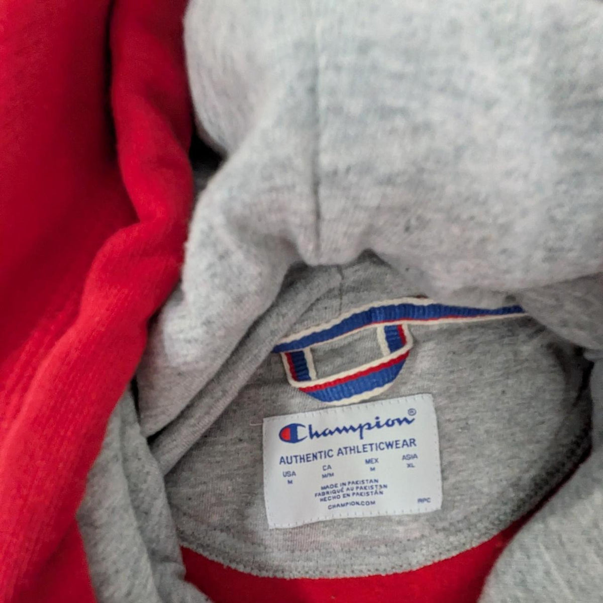 Red champion hoodie with black