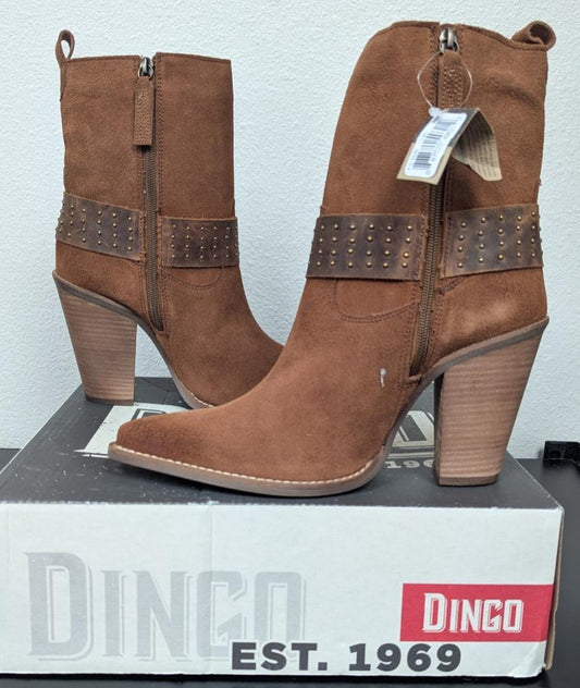 Dingo Songbird Studded Snip Toe Zippered Cowboy Booties Womens Brown Casual Boot
