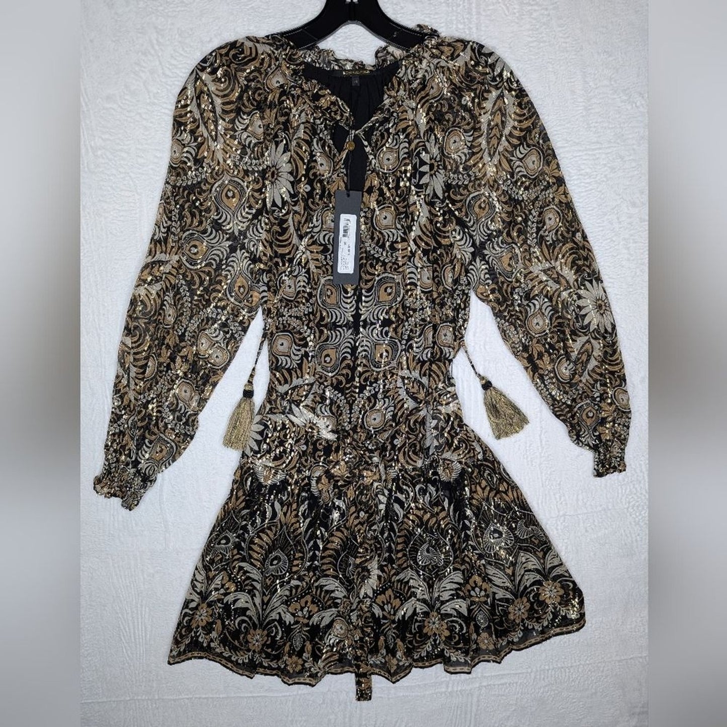 NEW KOBI HALPERIN kaye tie waist dress in black/gold XS