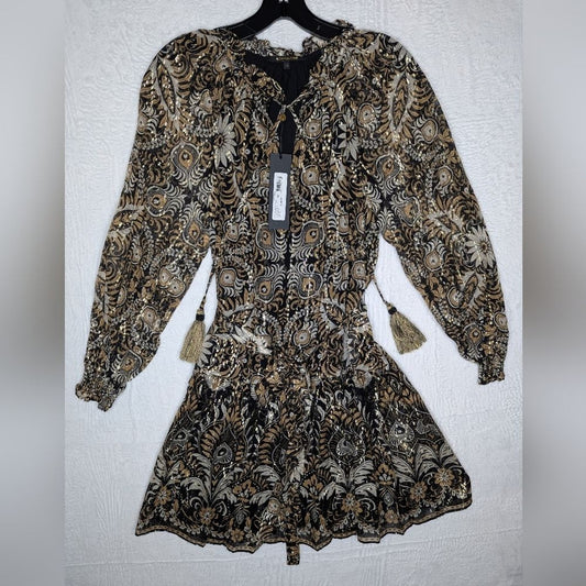 NEW KOBI HALPERIN kaye tie waist dress in black/gold XS