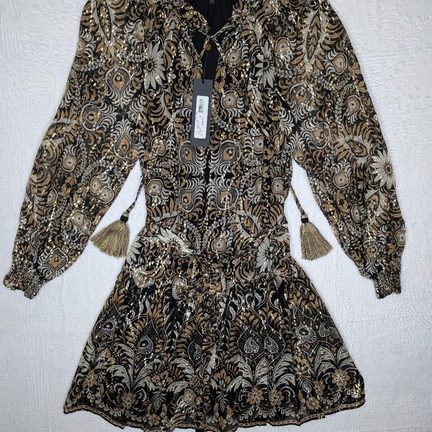 NEW KOBI HALPERIN kaye tie waist dress in black/gold XS