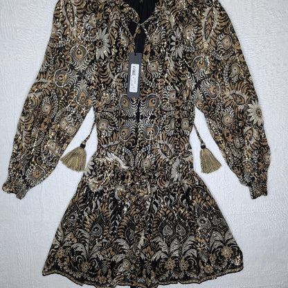 NEW KOBI HALPERIN kaye tie waist dress in black/gold XS