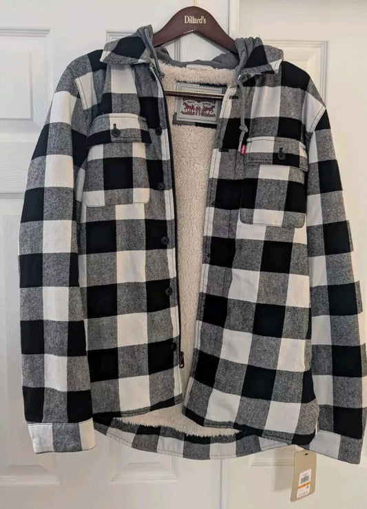 evi’s Plaid Sherpa Lined Hooded Shirt Jacket White/Black Men’s Size Small | New With Tags